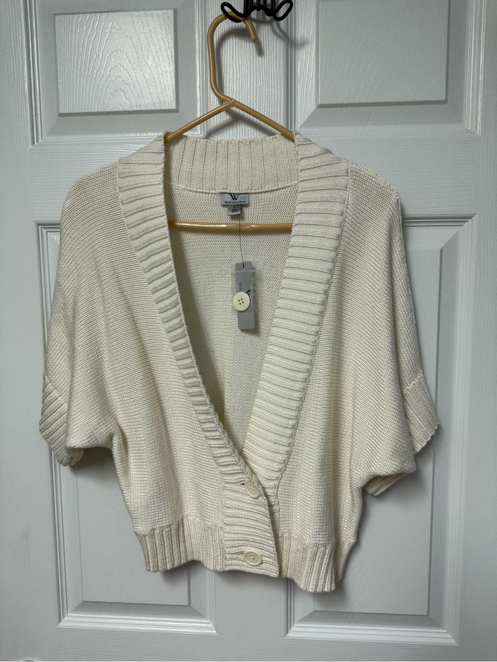 Worthington Cream Short-Sleeve Ribbed Knit Cardigan